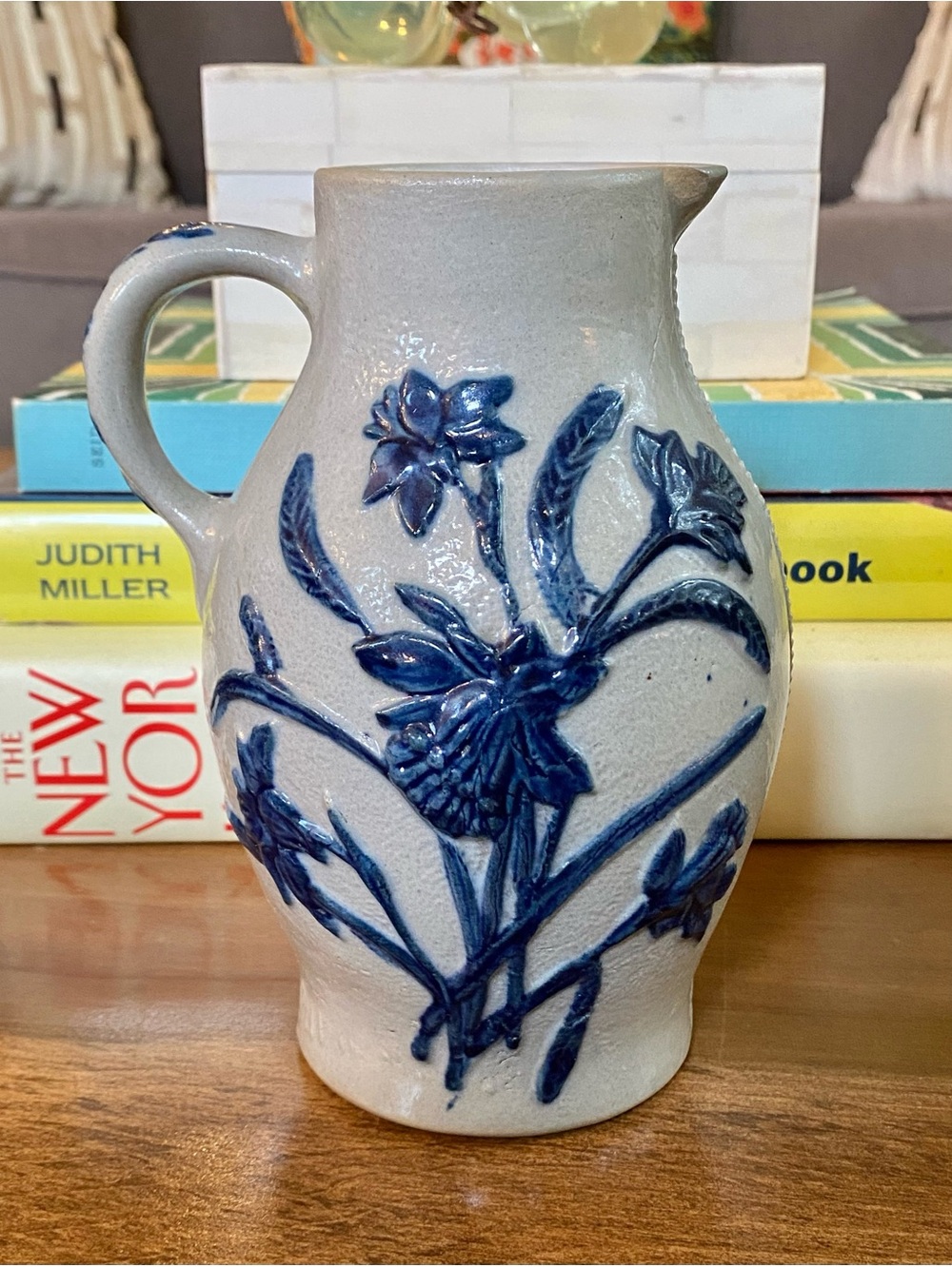 Antique Stoneware Pitcher Whites of Utica Lily Daffodils Blue Gray Salt Glazed